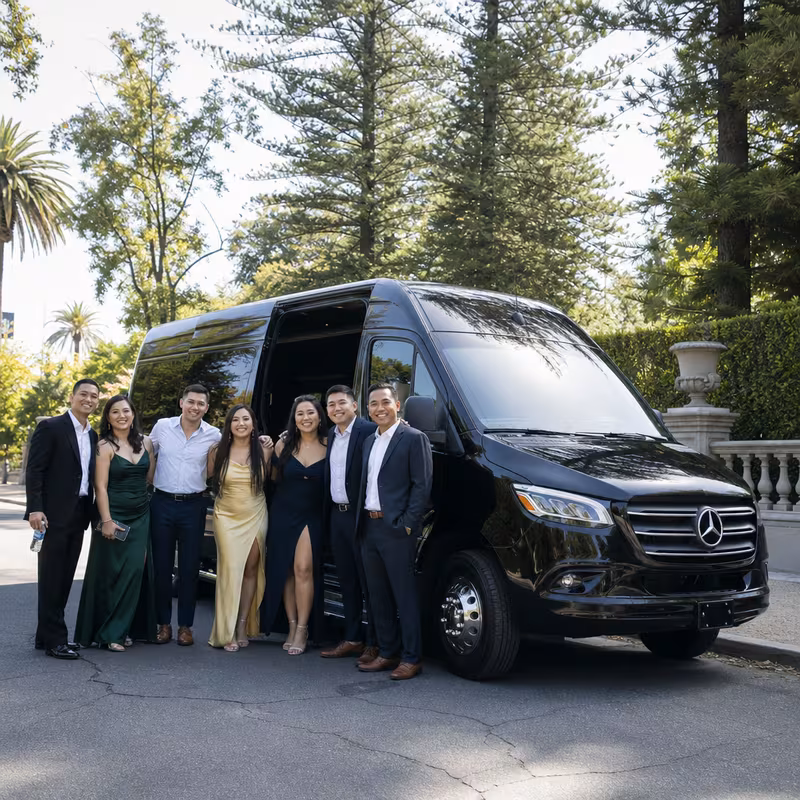 Group beside a Mercedes Sprinter limo from the Pasadena fleet