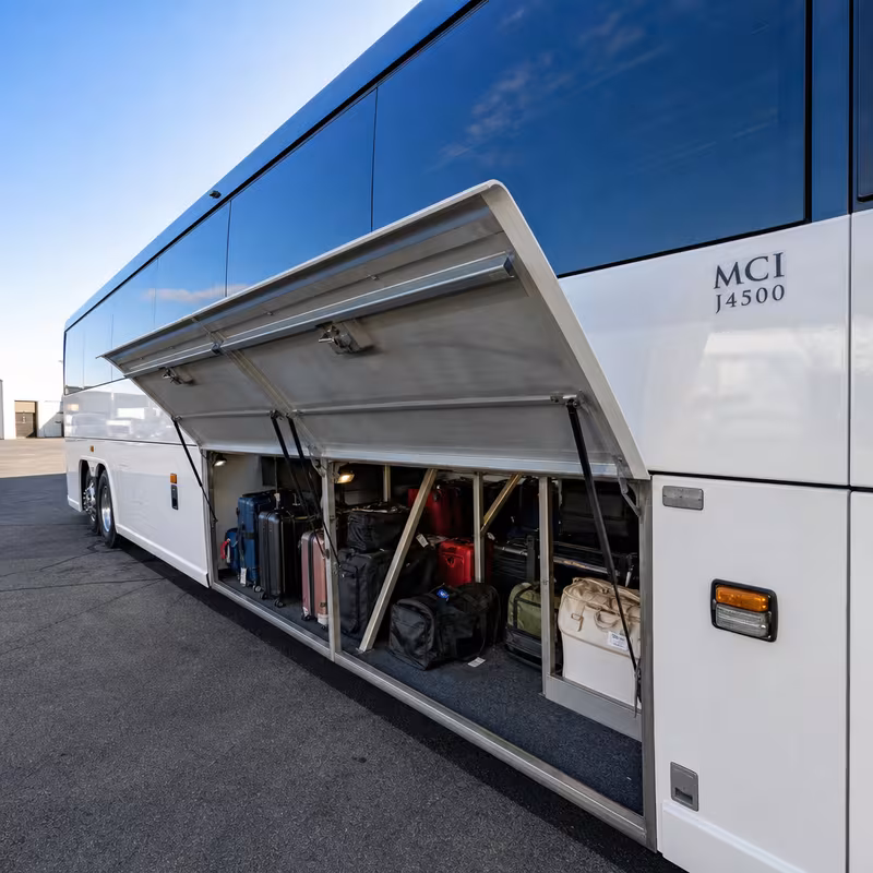 Party bus interior with wraparound leather seating and LED lighting in Pasadena