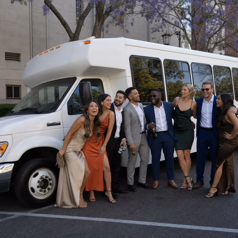 Black Mercedes Sprinter van staged for an Pasadena Bachelor & Bachelorette Transportation group