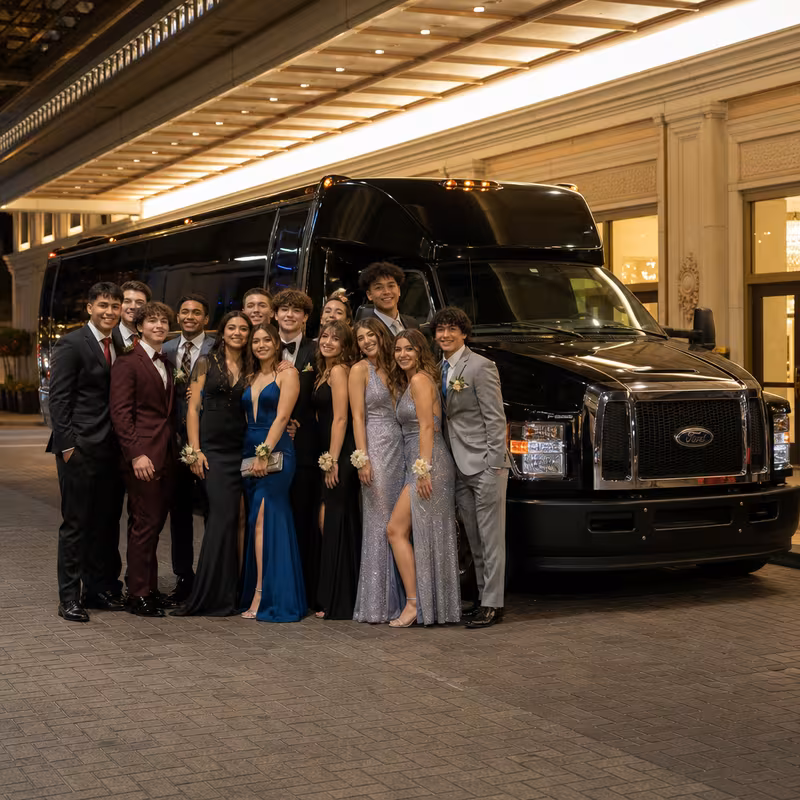 Party bus interior with wraparound leather seating and LED lighting in Pasadena