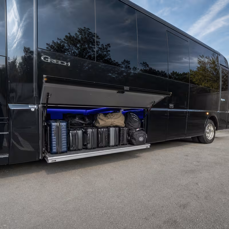Party bus interior with wraparound leather seating and LED lighting in Pasadena