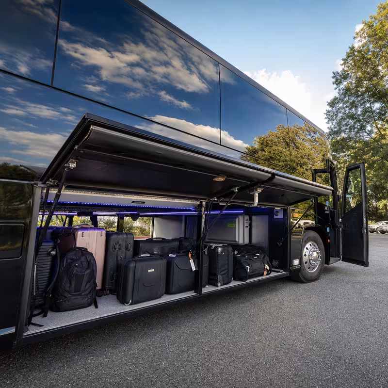 Party bus interior with wraparound leather seating and LED lighting in Pasadena