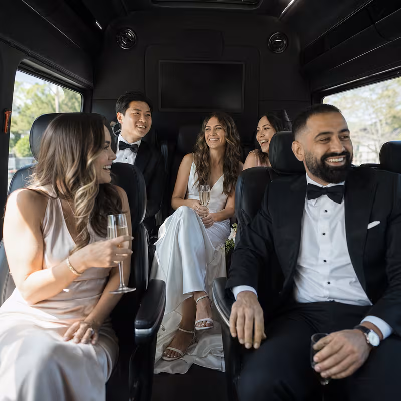 Black Mercedes Sprinter van staged for an Pasadena Wedding Transportation group