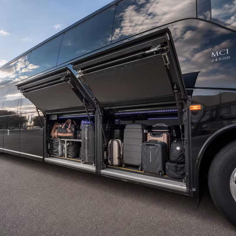 Party bus interior with wraparound leather seating and LED lighting in Pasadena